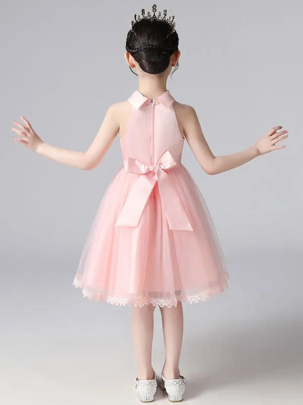 Pink Halter Lace Sleeveless Flower Girl Dresses Short Princess Dress Formal Kids Pageant Dresses