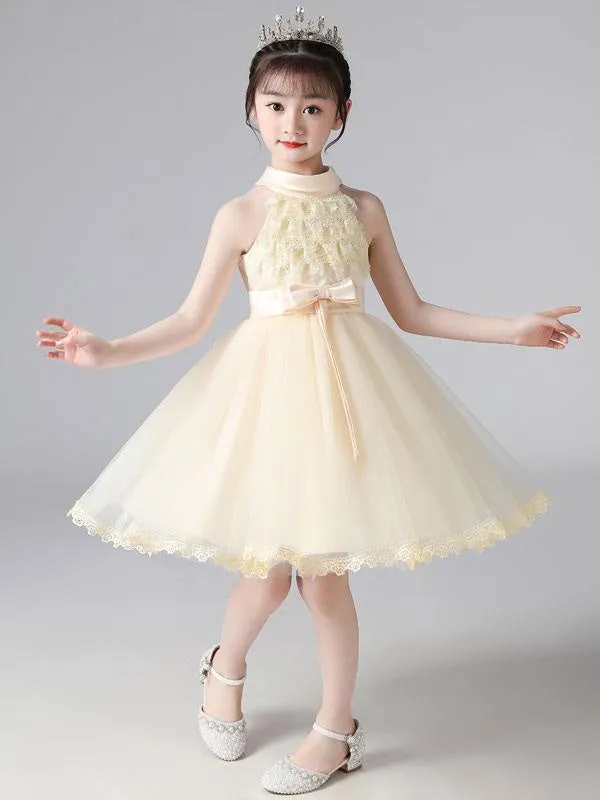 Pink Halter Lace Sleeveless Flower Girl Dresses Short Princess Dress Formal Kids Pageant Dresses