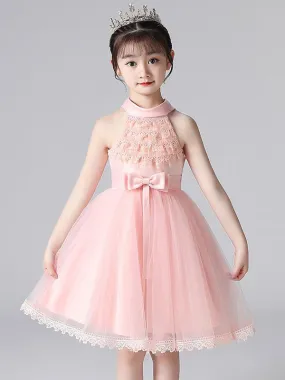 Pink Halter Lace Sleeveless Flower Girl Dresses Short Princess Dress Formal Kids Pageant Dresses