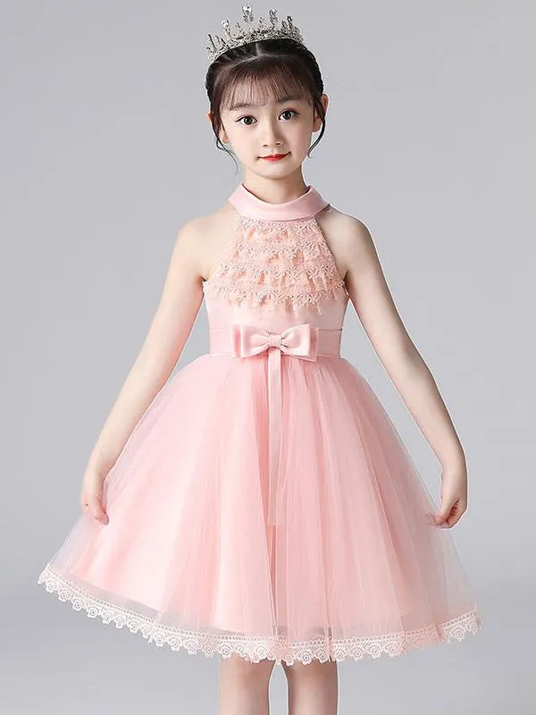 Pink Halter Lace Sleeveless Flower Girl Dresses Short Princess Dress Formal Kids Pageant Dresses