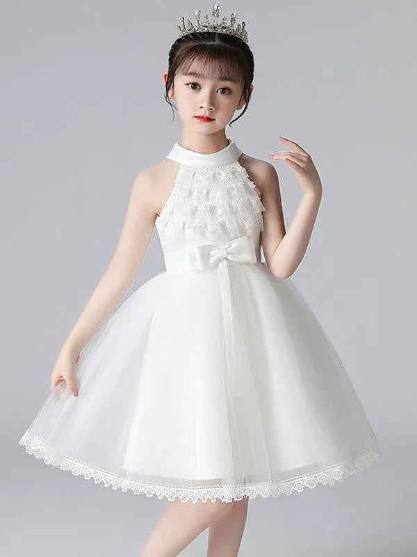 Pink Halter Lace Sleeveless Flower Girl Dresses Short Princess Dress Formal Kids Pageant Dresses