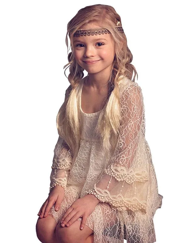 Pink Lace Flower Girl Dresses Long Sleeves Short A-Line Lace Kids Party Dresses