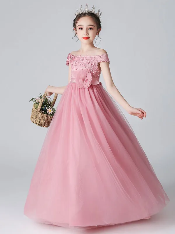 Pink Princess Flower Girl Dresses Bateau Neck Floral Tulle Bows Pageant Dresses for Kids