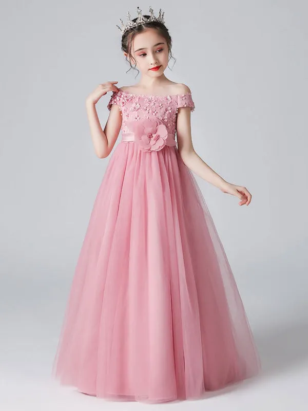 Pink Princess Flower Girl Dresses Bateau Neck Floral Tulle Bows Pageant Dresses for Kids