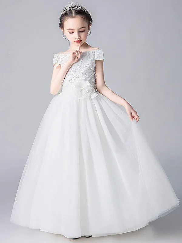 Pink Princess Flower Girl Dresses Bateau Neck Floral Tulle Bows Pageant Dresses for Kids