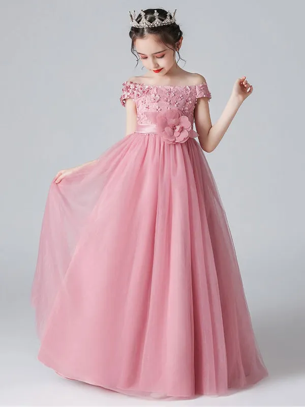 Pink Princess Flower Girl Dresses Bateau Neck Floral Tulle Bows Pageant Dresses for Kids