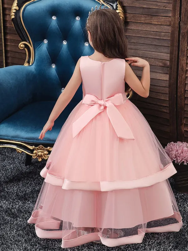 Pink Princess Silhouette Embroidered Kids Party Dresses V Neck A-line Flower Girl Dresses