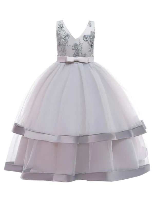 Pink Princess Silhouette Embroidered Kids Party Dresses V Neck A-line Flower Girl Dresses