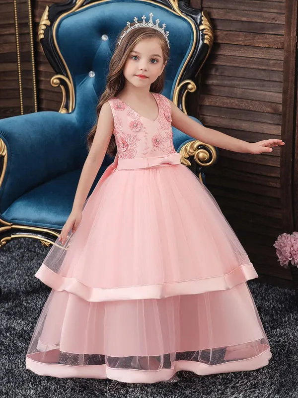 Pink Princess Silhouette Embroidered Kids Party Dresses V Neck A-line Flower Girl Dresses