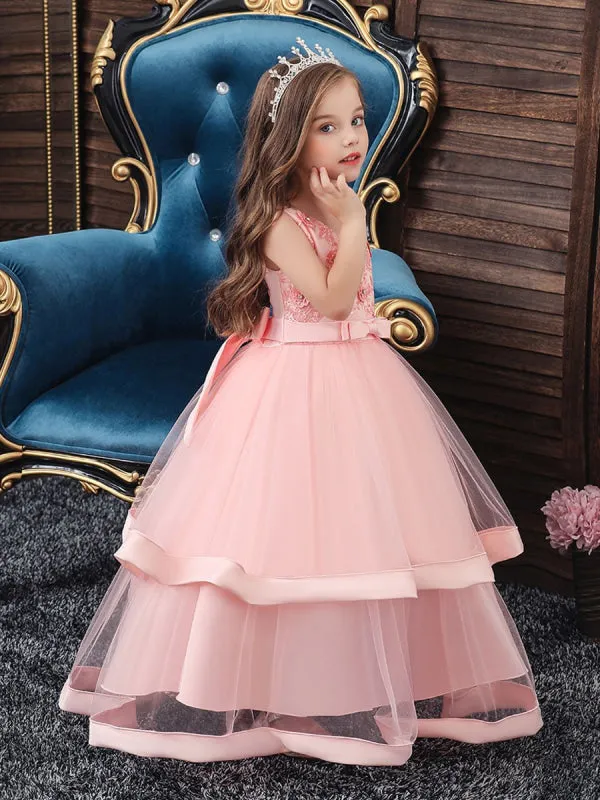 Pink Princess Silhouette Embroidered Kids Party Dresses V Neck A-line Flower Girl Dresses