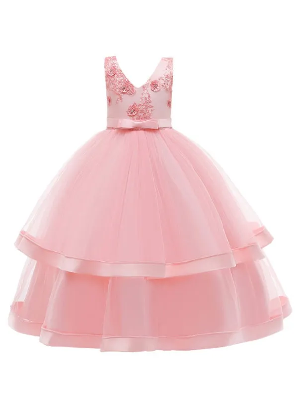 Pink Princess Silhouette Embroidered Kids Party Dresses V Neck A-line Flower Girl Dresses