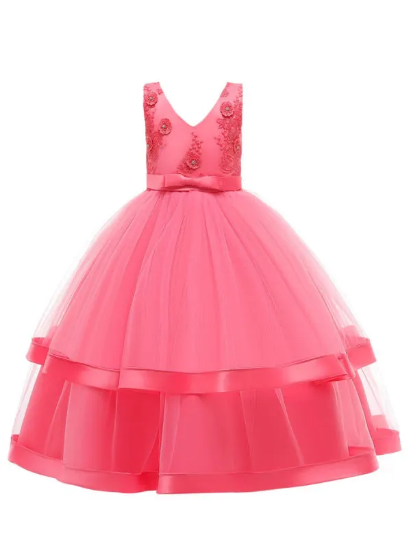 Pink Princess Silhouette Embroidered Kids Party Dresses V Neck A-line Flower Girl Dresses