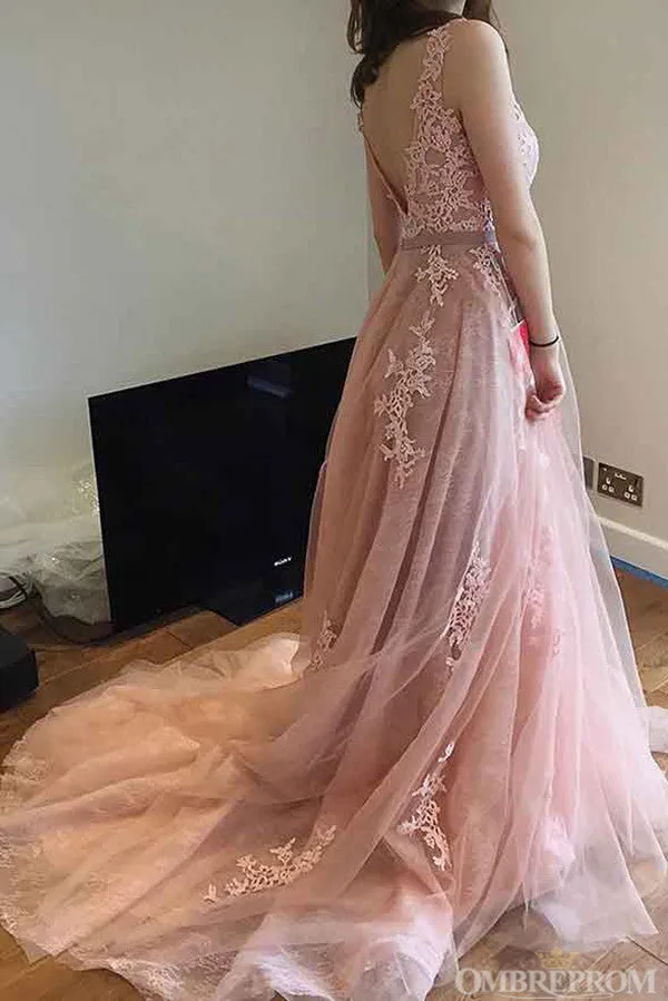 Pink V Back Lace Appliques Sweep Train Tulle Prom Dresses