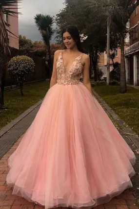 Pink V neck Tulle A Line Formal Evening Dresses Lace Applique Long Prom Dresses