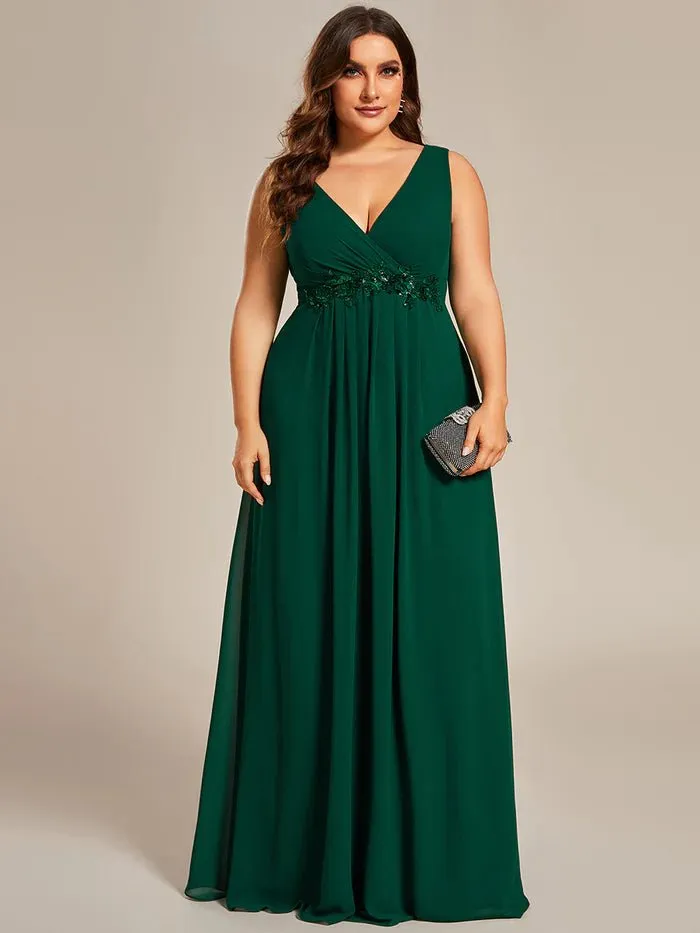 Plus A-Line V Neck Appliques Ruched  Evening Dresses