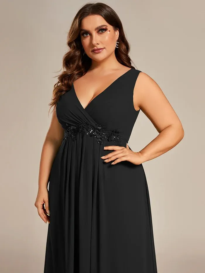 Plus A-Line V Neck Appliques Ruched  Evening Dresses