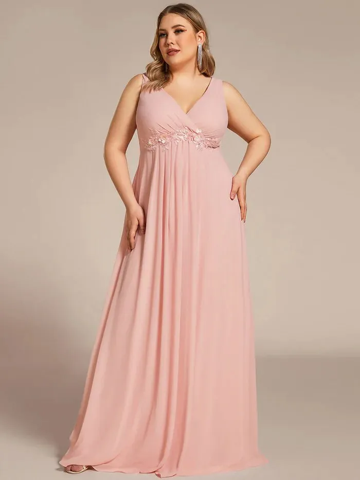 Plus A-Line V Neck Appliques Ruched  Evening Dresses