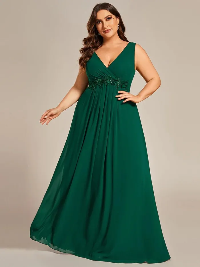 Plus A-Line V Neck Appliques Ruched  Evening Dresses