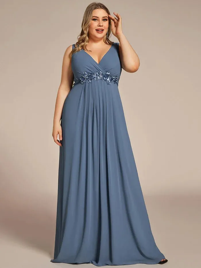 Plus A-Line V Neck Appliques Ruched  Evening Dresses