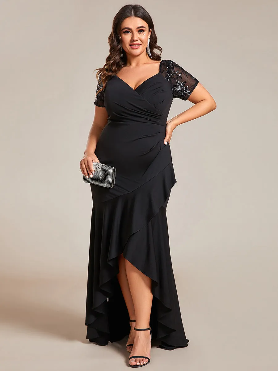 Plus Appliques High Split Fishtail Evening Dress With Short Sleeves