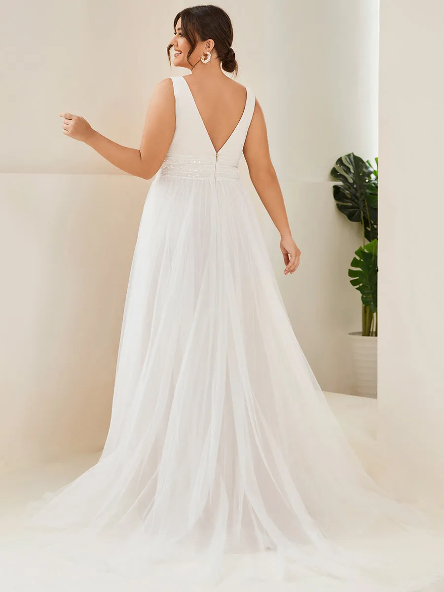 Plus Backless A Line Sleeveless Wholesale Wedding Dresses with Deep V Neck