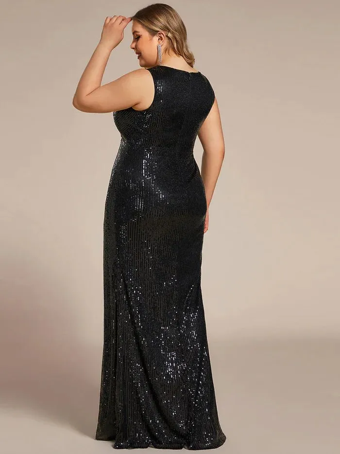 Plus Sleeveless Sparkly Sequin Hot High Split Evening Dresses