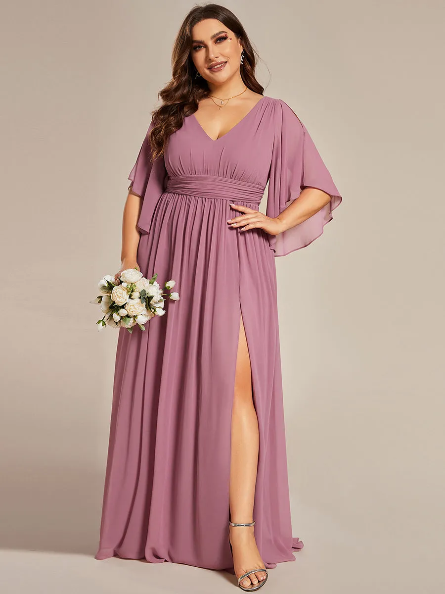 Plus V Neck Pleated Belt Chiffon Bridesmaid Dresses