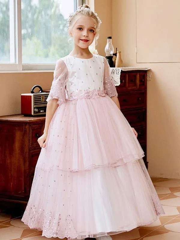 Puffy Short Sleeves Flower Girl Dresses Princess Lace Tulle Formal Kids Pageant Dresses