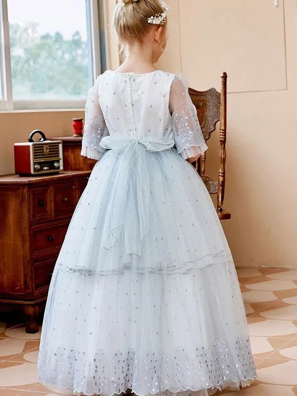 Puffy Short Sleeves Flower Girl Dresses Princess Lace Tulle Formal Kids Pageant Dresses