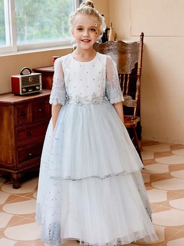 Puffy Short Sleeves Flower Girl Dresses Princess Lace Tulle Formal Kids Pageant Dresses