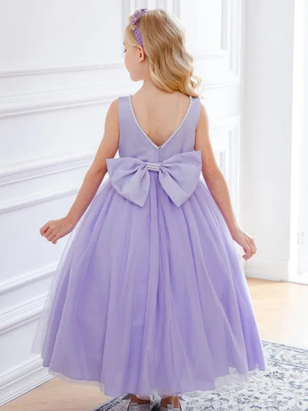 Purple Little Flower Girl Dresses Sleeveless Tulle Beaded Kids Party Dresses