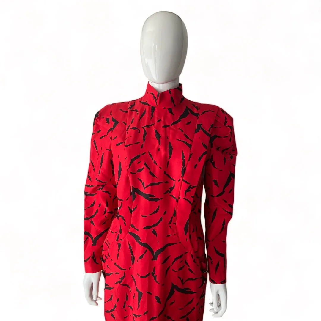 Raul Blanco Red Silk Dress Black Print