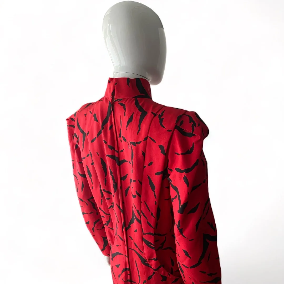 Raul Blanco Red Silk Dress Black Print