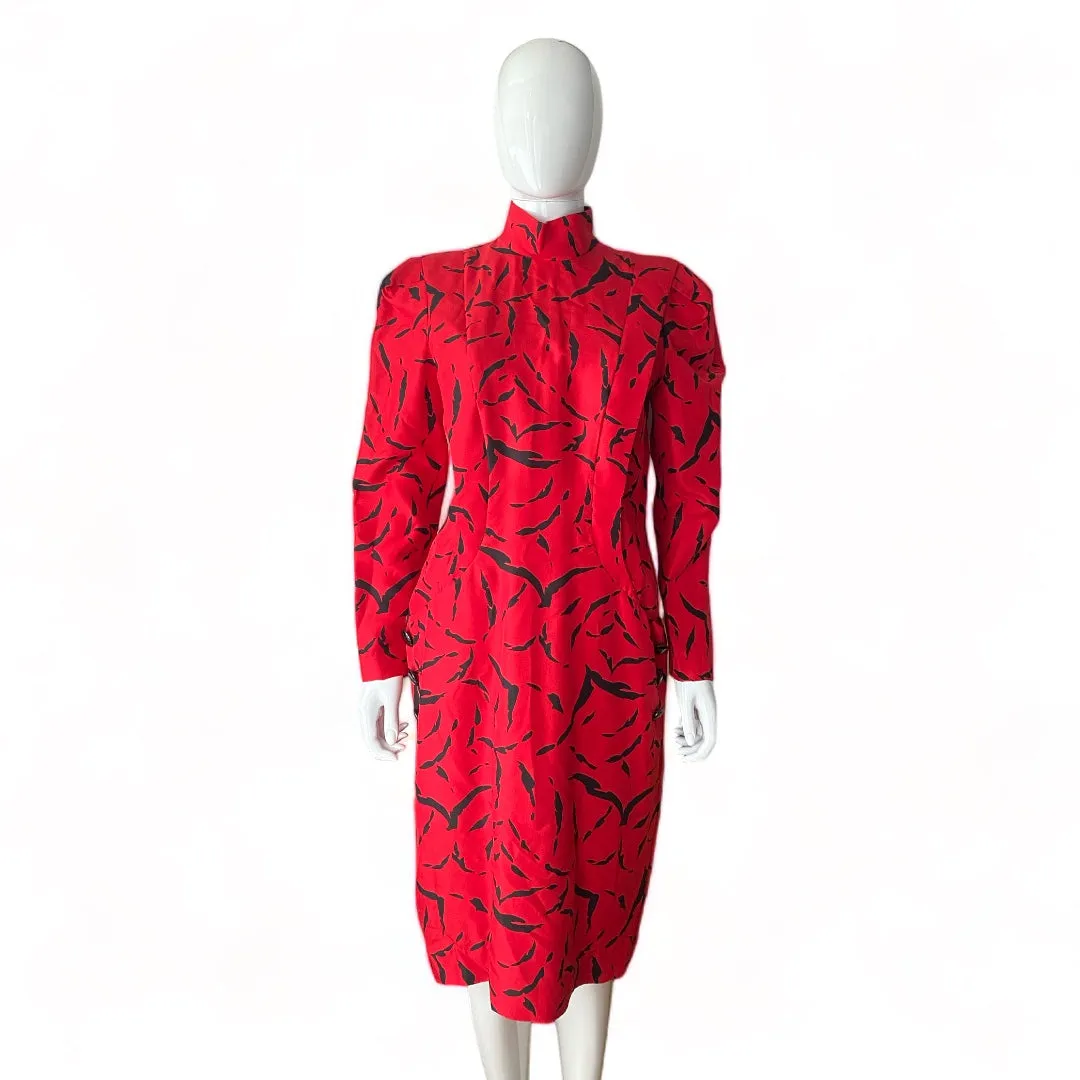 Raul Blanco Red Silk Dress Black Print