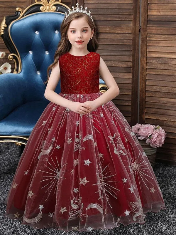 Red A-Line Embroidered Flower Girl Dresses Jewel Neck Sleeveless Ankle-Length Kids Party Dresses