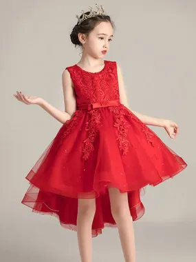 Red Floral Lace A-line Flower Girl Dresses Hi-Lo Jewel Neck Kids Social Party Dresses