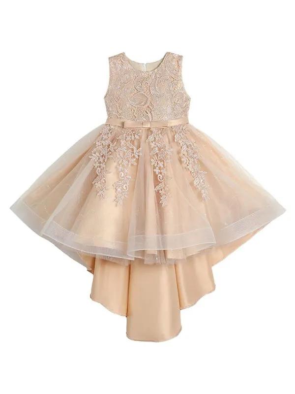 Red Floral Lace A-line Flower Girl Dresses Hi-Lo Jewel Neck Kids Social Party Dresses