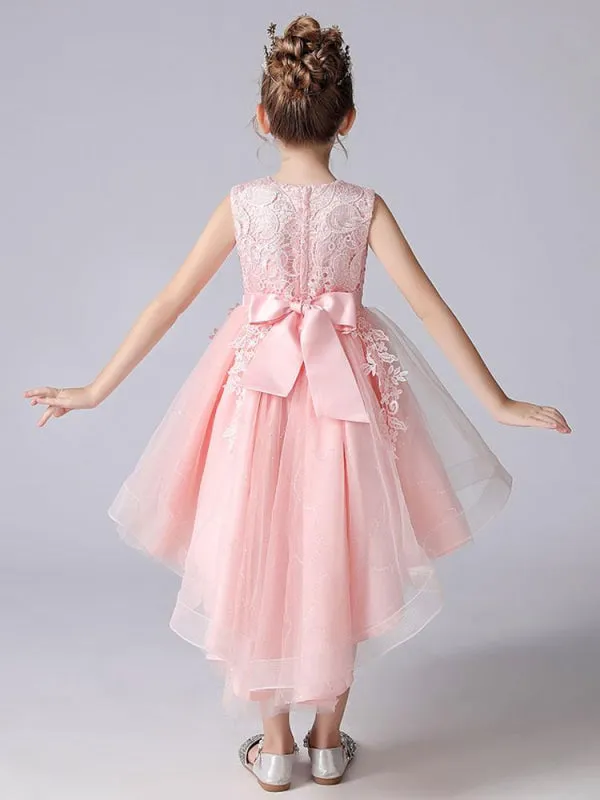 Red Floral Lace A-line Flower Girl Dresses Hi-Lo Jewel Neck Kids Social Party Dresses