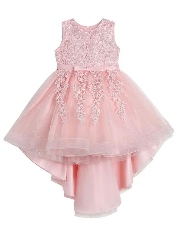 Red Floral Lace A-line Flower Girl Dresses Hi-Lo Jewel Neck Kids Social Party Dresses