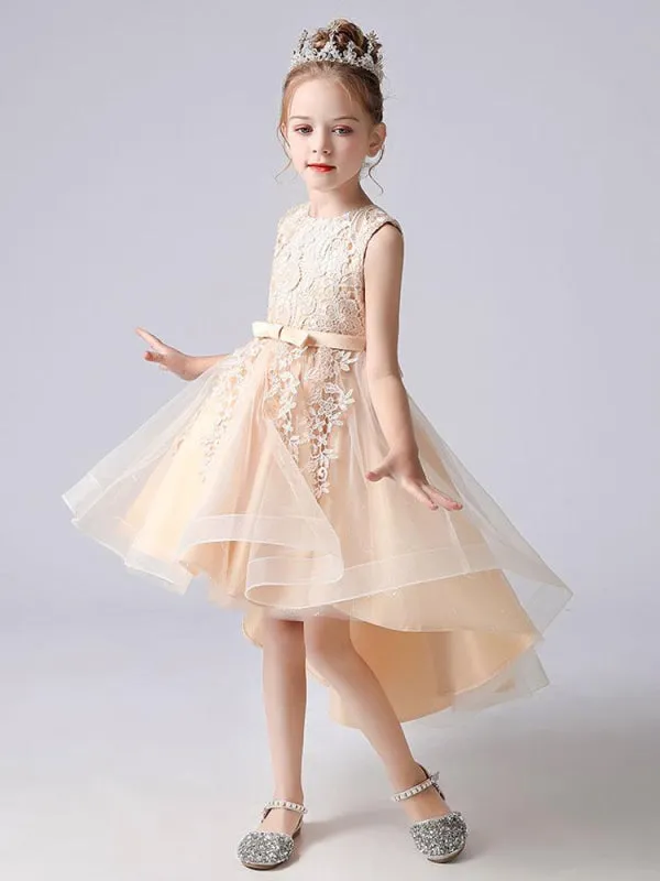 Red Floral Lace A-line Flower Girl Dresses Hi-Lo Jewel Neck Kids Social Party Dresses