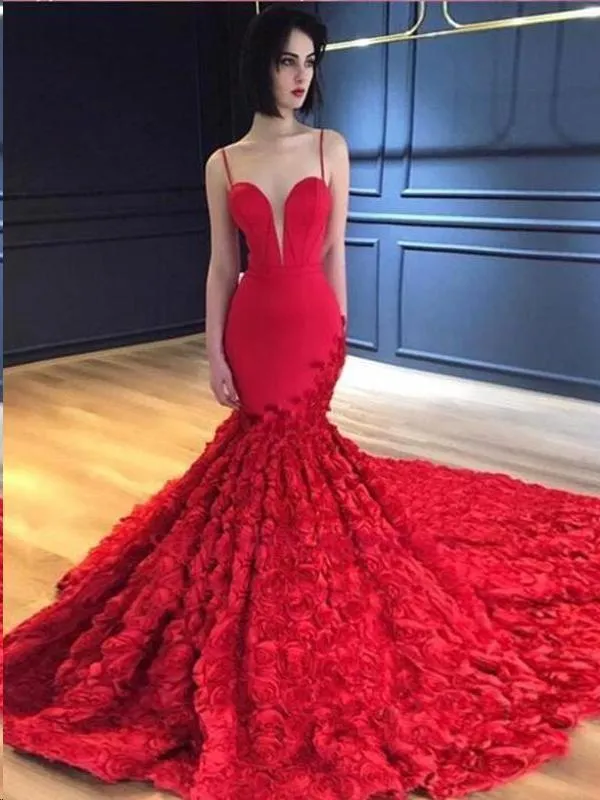 Red Mermaid Prom Dresses Spaghetti Straps V Neck Trumpet Rose Lace Evening Dresses