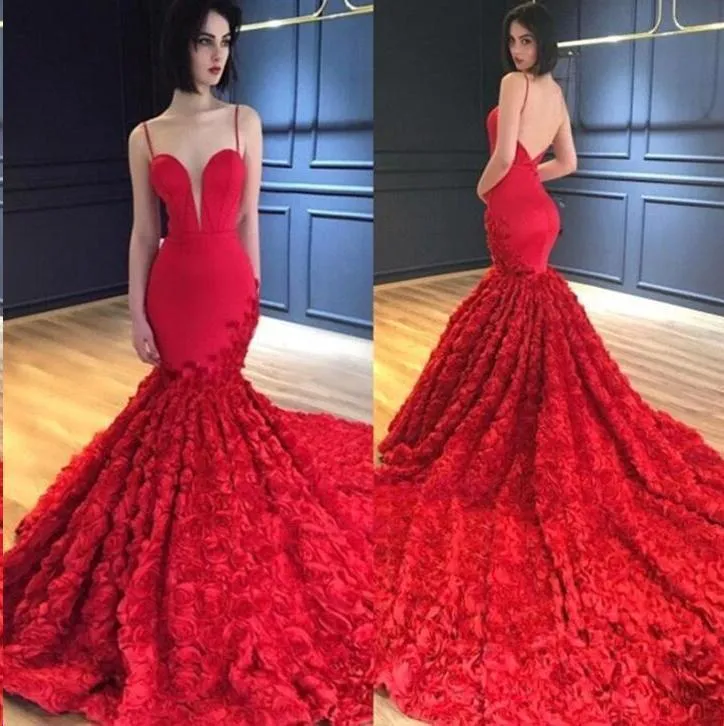 Red Mermaid Prom Dresses Spaghetti Straps V Neck Trumpet Rose Lace Evening Dresses