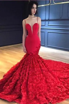 Red Mermaid Prom Dresses Spaghetti Straps V Neck Trumpet Rose Lace Evening Dresses