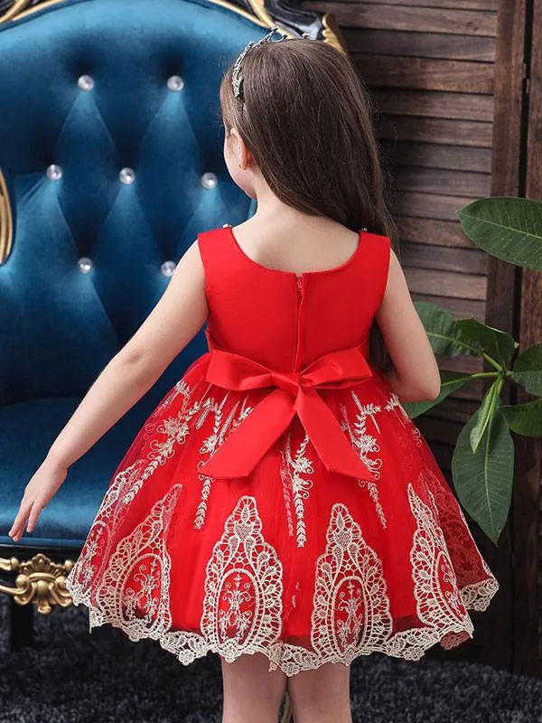 Red Short Sleeves Bows Kids Social Party Dresses Jewel Neck Flower Girl Dresses