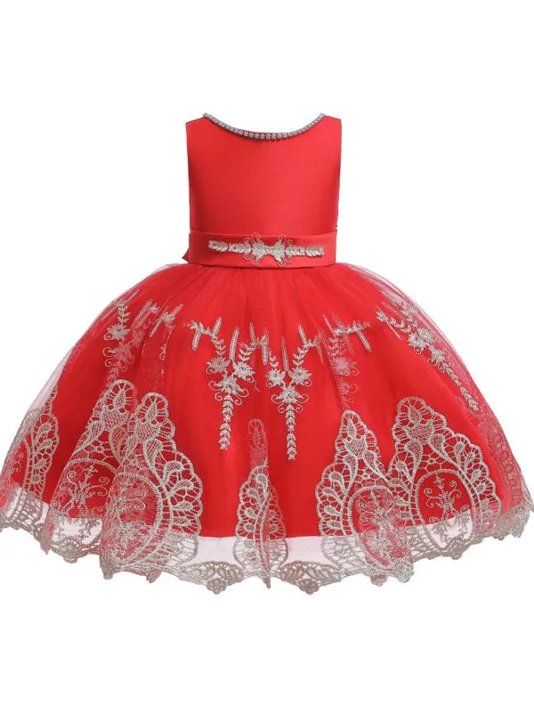 Red Short Sleeves Bows Kids Social Party Dresses Jewel Neck Flower Girl Dresses