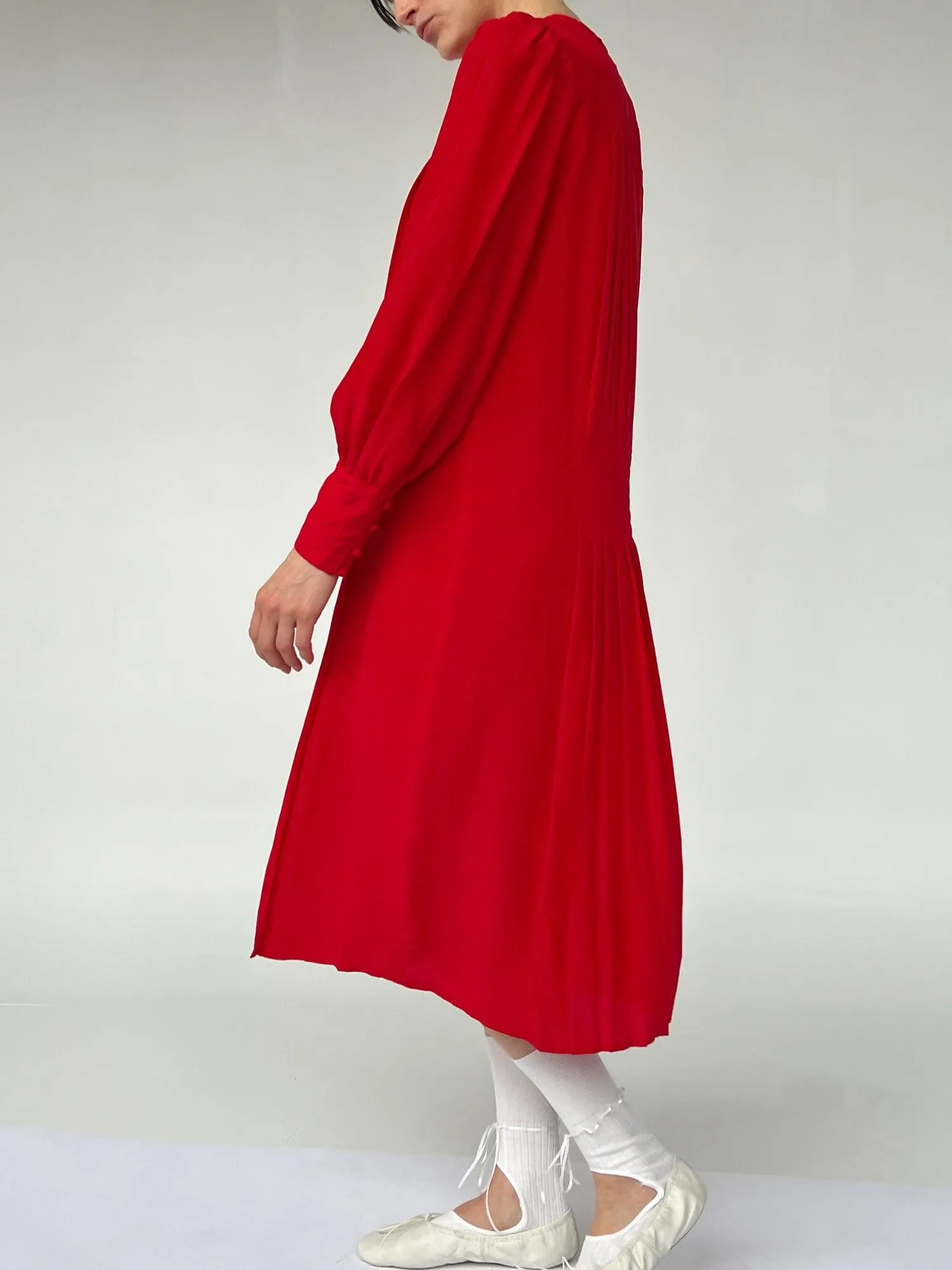 Red Silk Pleated Dress (M)