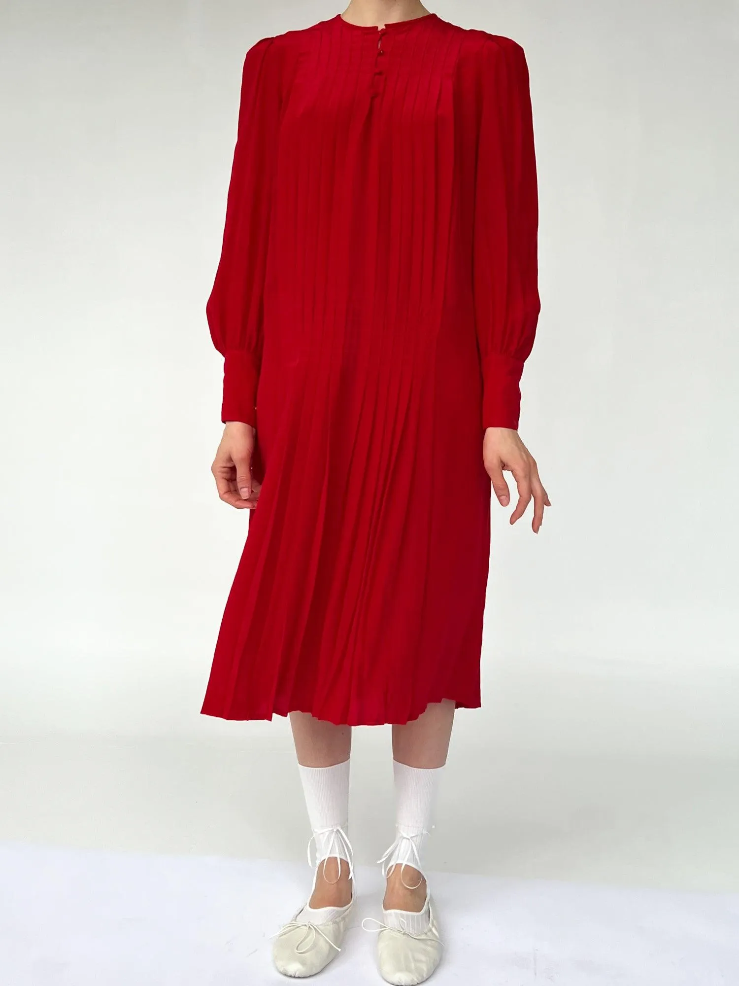 Red Silk Pleated Dress (M)