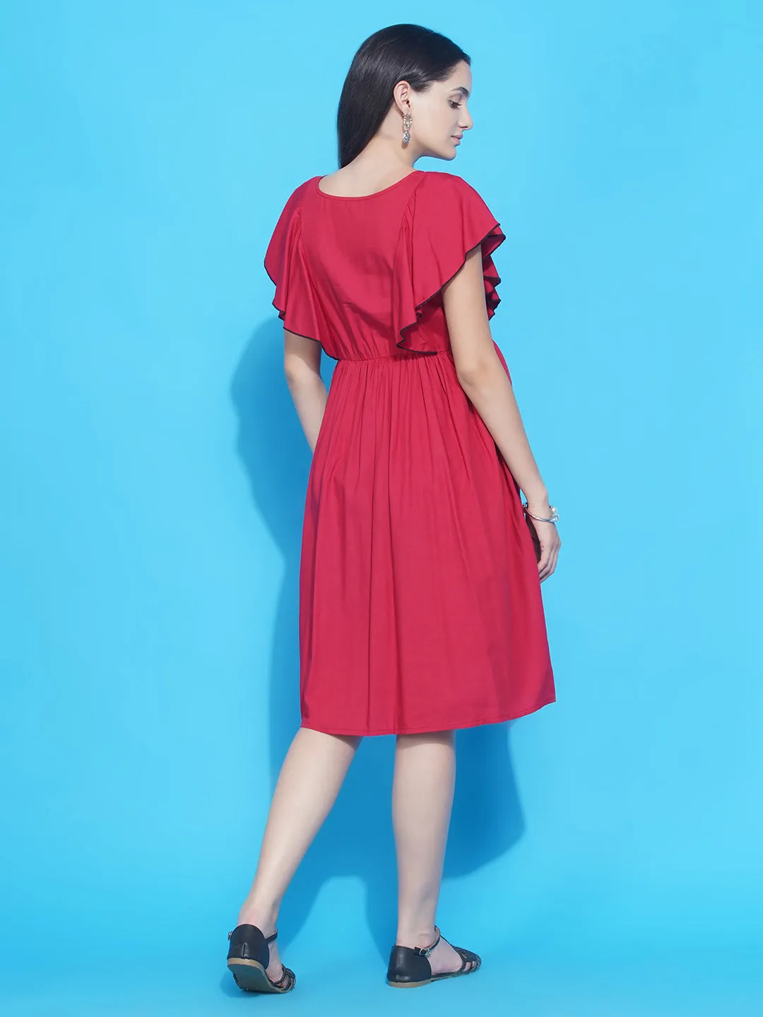 Red Solid Ruffled Midi Maternity & Nursing dress