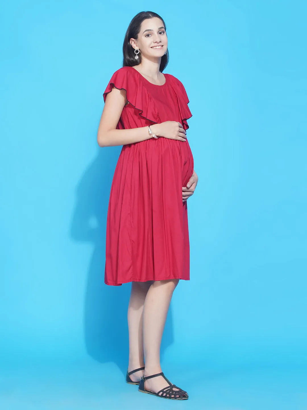 Red Solid Ruffled Midi Maternity & Nursing dress