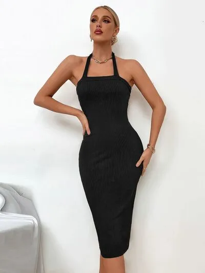 Ribbed Halter Neck Wrap Dress